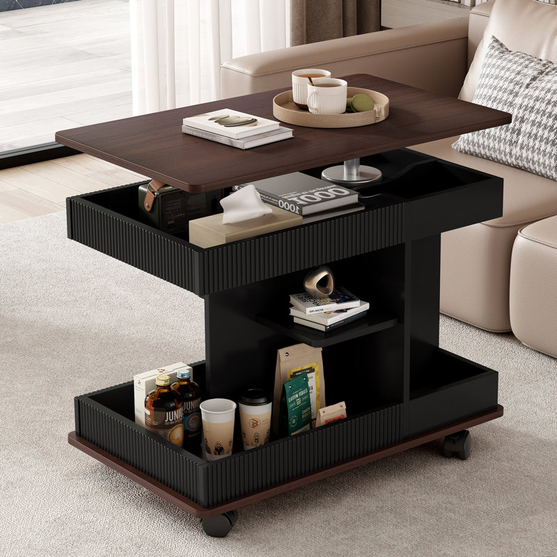 Table de bout réglable sur roulettes U-Can, table d'appoint moderne multifonctionnelle avec plateau relevable, plateau pivotant à 360 ° et espace de rangement pour le salon, petit espace