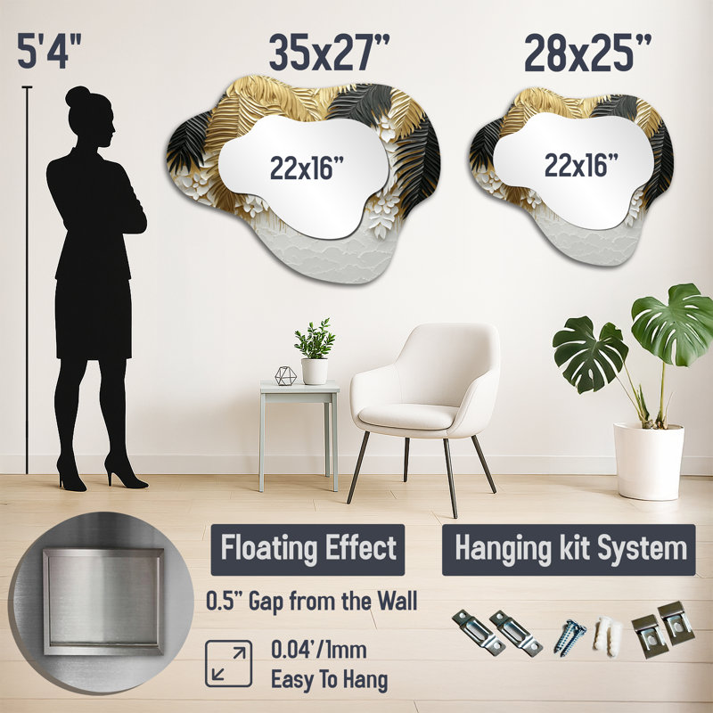 Golden Palms Midnight Collage I - Floral Asymmetrical Decorative Mirror, Traditional irregular Wall Mirror, Printed on Metal