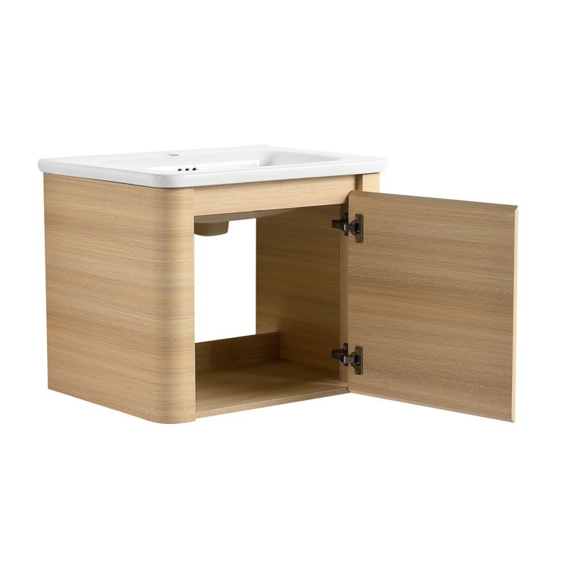 Meuble-lavabo de 61 cm (24 po) avec lavabo en céramique blanche, porte à fermeture amortie, emballage démonté, contreplaqué, chêne américain - Meuble-lavabo élégant, fermeture silencieuse, bords arrondis, nettoyage facile, style moderne, installation facile, résistant aux égratignures et