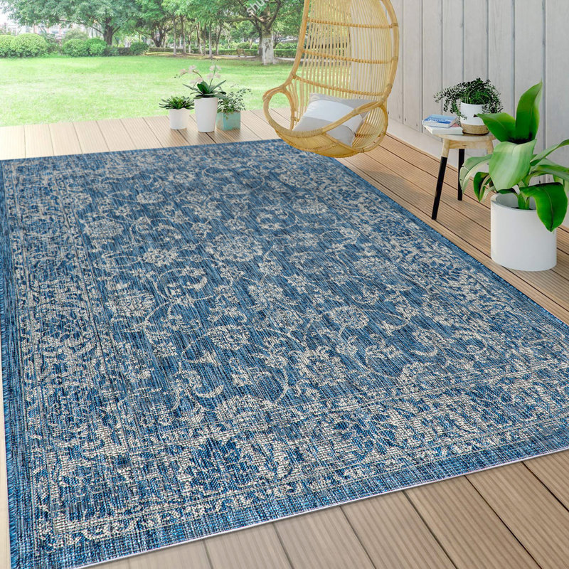 Leonora Bohemian Textured Weave Floral Navy/Gray Indoor/Outdoor Rug, Rectangle 3'11" x 6'