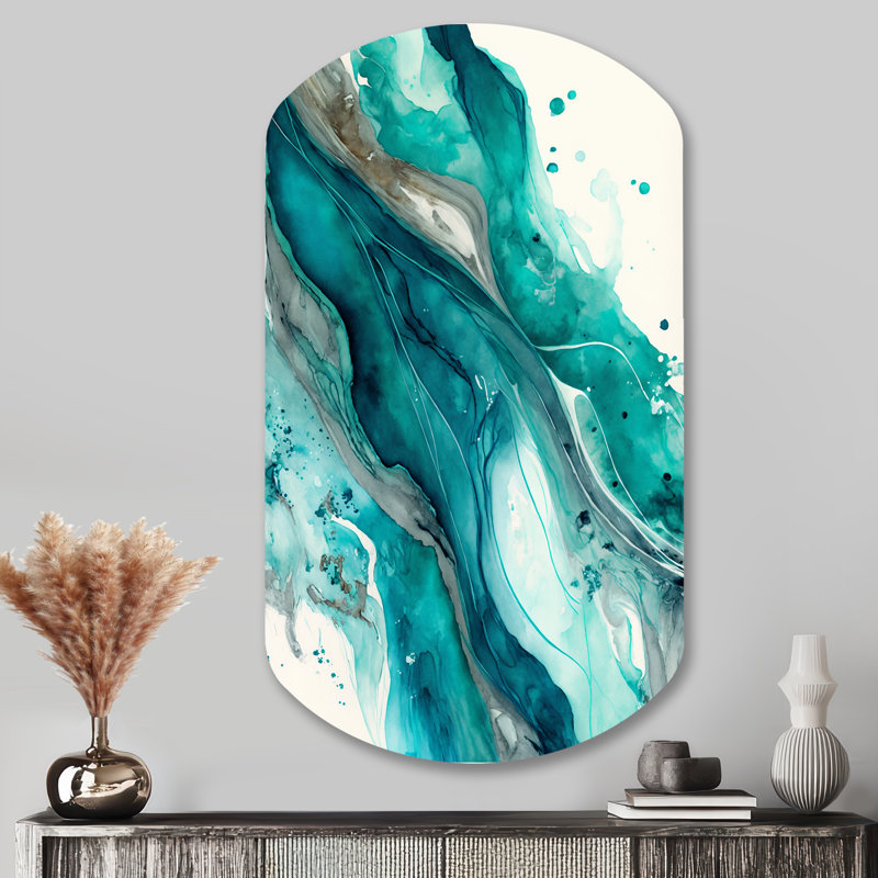 Turquoise Waves In Paradise V - Art mural asymétrique abstrait en forme de cylindre d'encre liquide, H 43 po x l 23 po