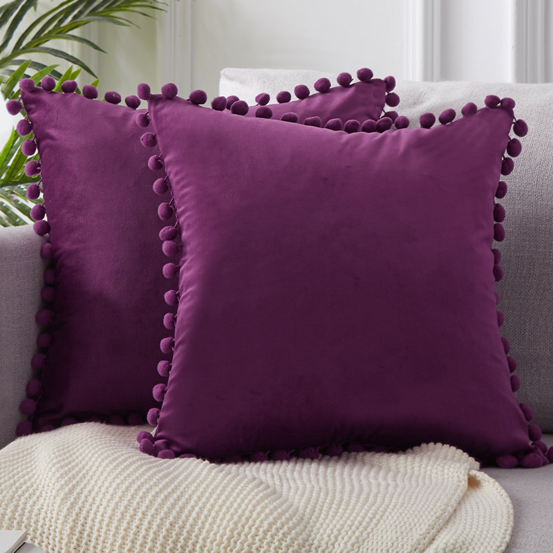 Pom Pom Velvet Tassels Pillow Cover, Purple, 20"x20"