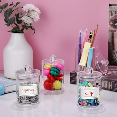 Ensemble de 4 distributeurs de porte-Cotton Swab en acrylique pour cotons-tiges, boules, tampons, choix de soie - petit ensemble de pots d'apothicaire en plastique transparent, décor pour accessoires de salle de bain, rangement pour maquillage