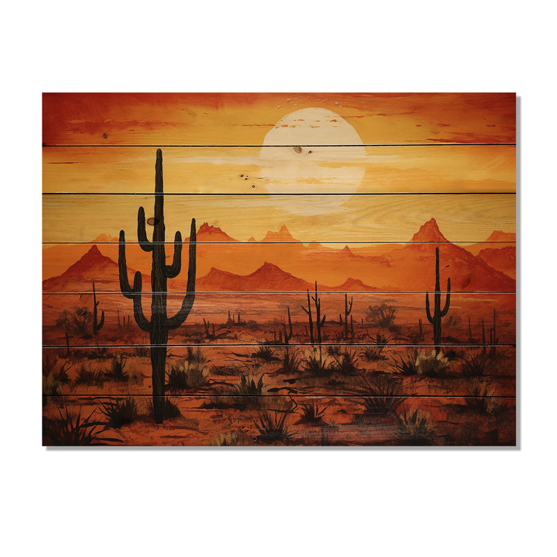 Cactus Sunrise Silhouettes - Art mural en bois de cactus sur bois de pin naturel, H 30 po x l 40 po