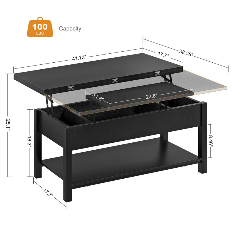 Torron 4-in-1 Multi-Fuction Lift Top Coffee Table with Storage, Black