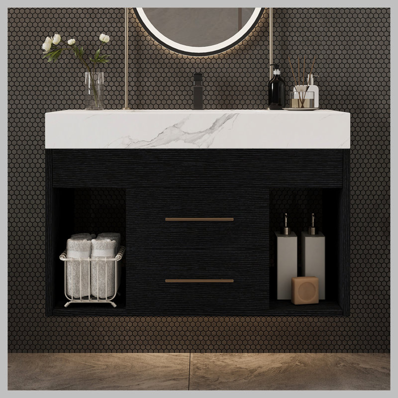 Ensemble de meuble-lavabo mural flottant 29,9 po, Noir, Blanc