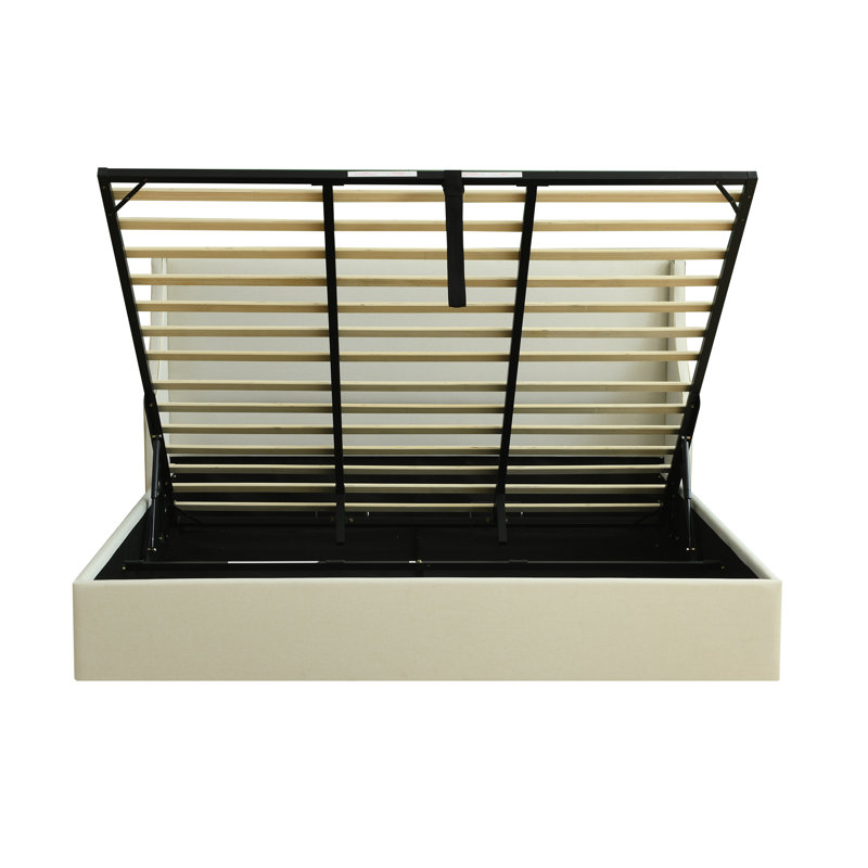Lit plateforme tapissier avec rangement Linvel, Mélange de lin blanc, Très grand