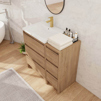 36" Single Freestanding Bathroom Vanity with Resin Sink, Floor Standing Bathroom Vanity with 6 Drawers