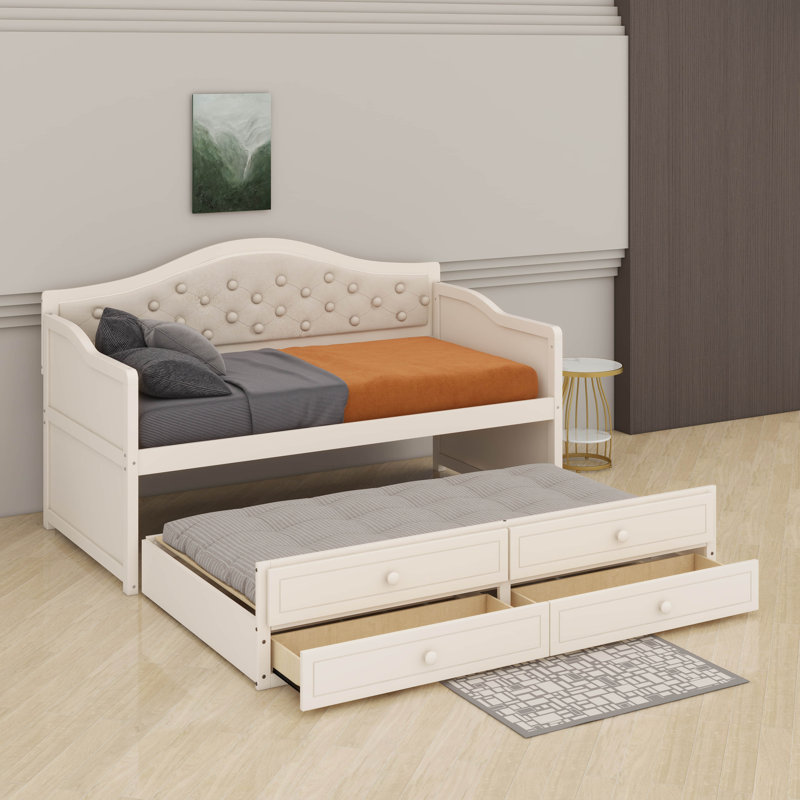 Lit de jour simple avec lit gigogne et 2 tiroirs de rangement, Beige