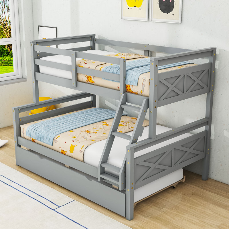 Lit simple superposé en bois avec lit gigogne simple et échelle robuste, Grey