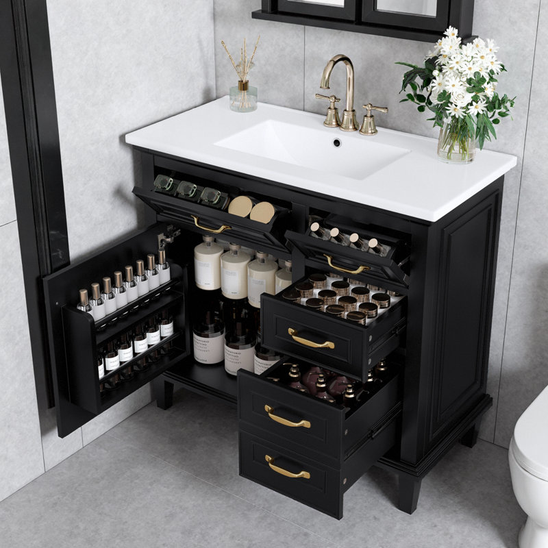 Meuble-lavabo autoportant 36 po avec comptoir en céramique Modern, Noir et or