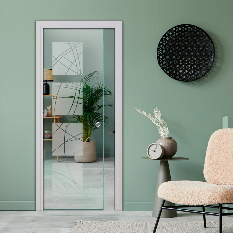 Porte à gousset en verre sans cadre avec design givré + quincaillerie + poignée encastrée l 24 po x H 80 po