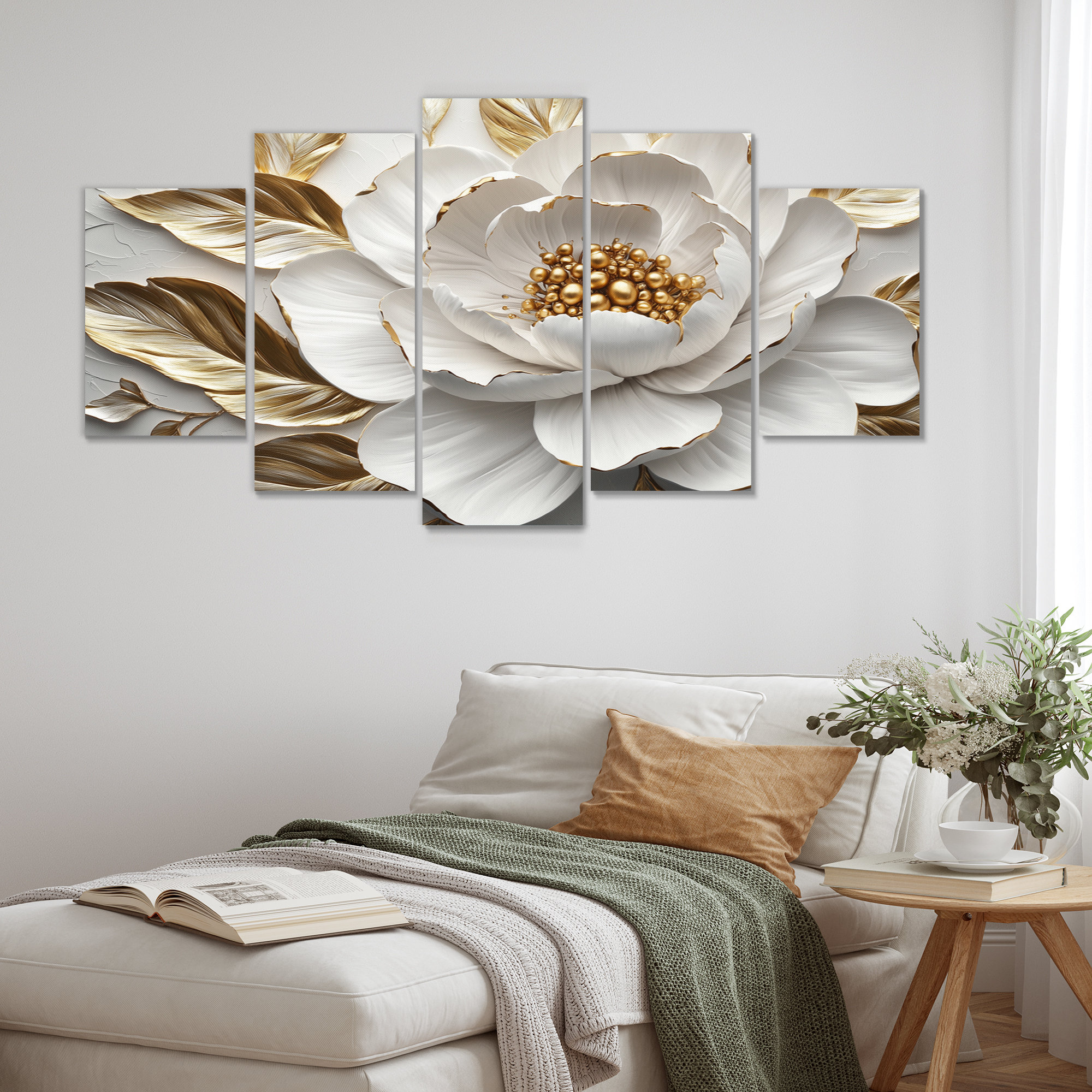 House of Hampton White And Gold Peony Bloom III - Peony Wall Decor Set ...
