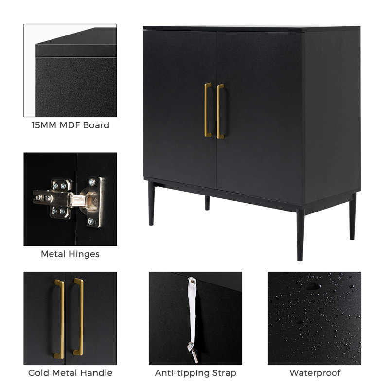 Black Modern Storage Cabinet with Metal Base and Doors
