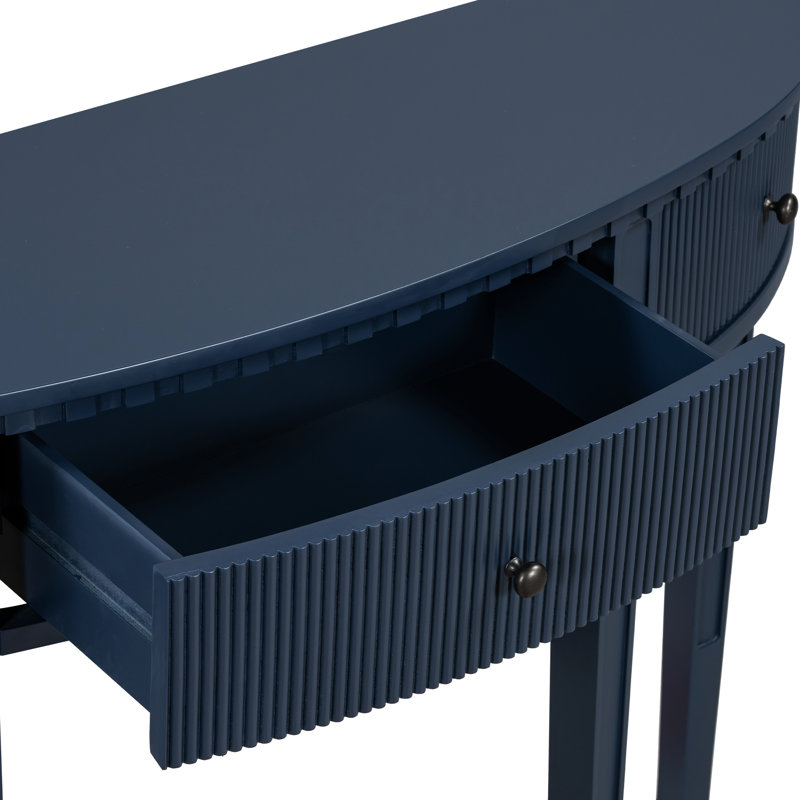 Console verticale en placage de pin à rayures avec quatre pieds, trois tiroirs, bleu marine, élégant et polyvalent pour les espaces principaux