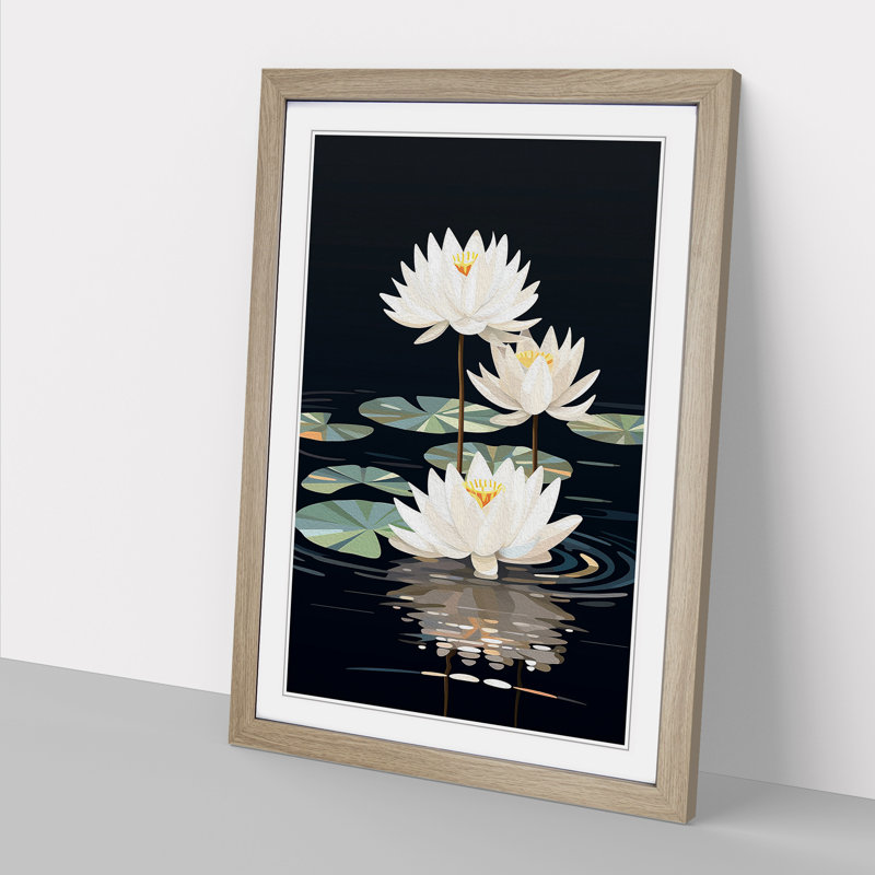 Water Lily Art Deco No.3 - Framed Print, 46cm H x 34cm W x 2cm D, Oak