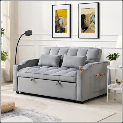 Modern Velvet Loveseat Futon Sofa Couch With Pullout Bed, Adjustable Reclining Backrest, Toss Pillows, And Pockets For Living Room, 3 In 1 Convertible Sleeper Sofa Bed