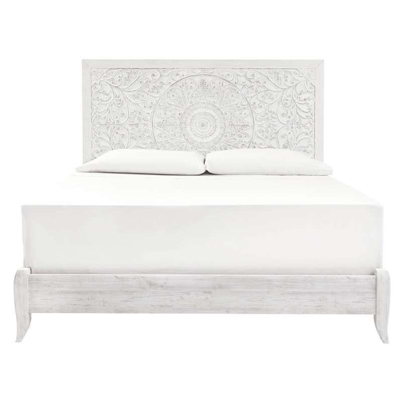 Lit à panneau très grand Paxy, motif médaillon Boho sculpté, bois blanchi, Très grand