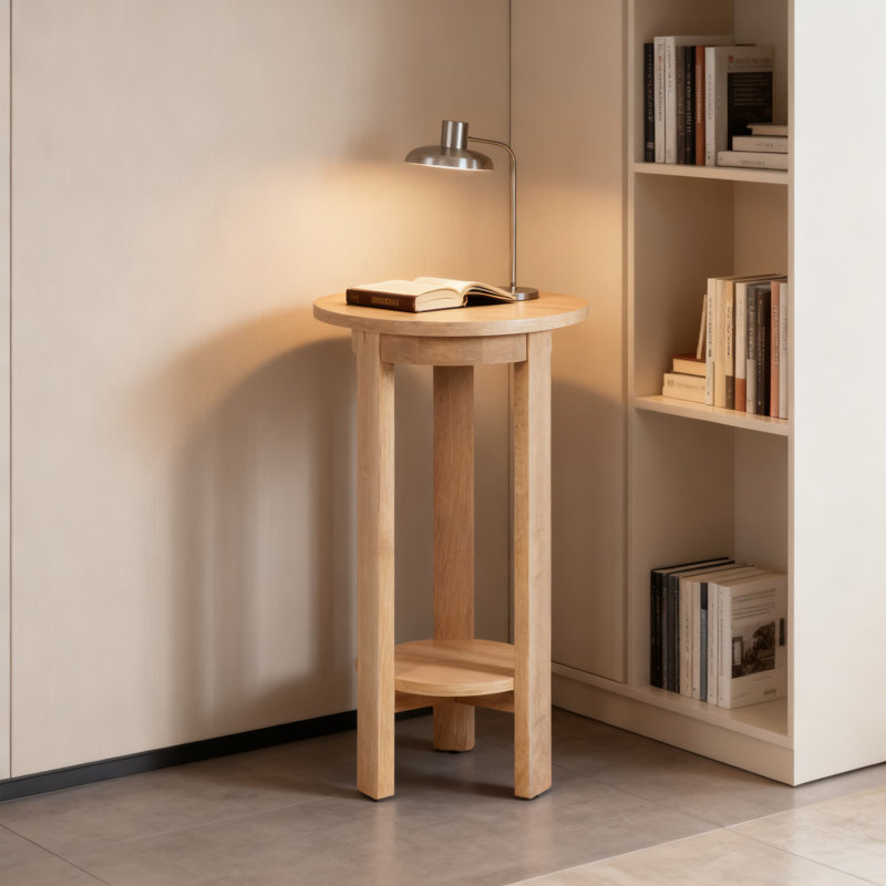 Table d'appoint ronde moderne à niveaux avec deux tablettes, table à boissons en bois transitionnelle pour le salon, la chambre à coucher ou le présentoir à plantes