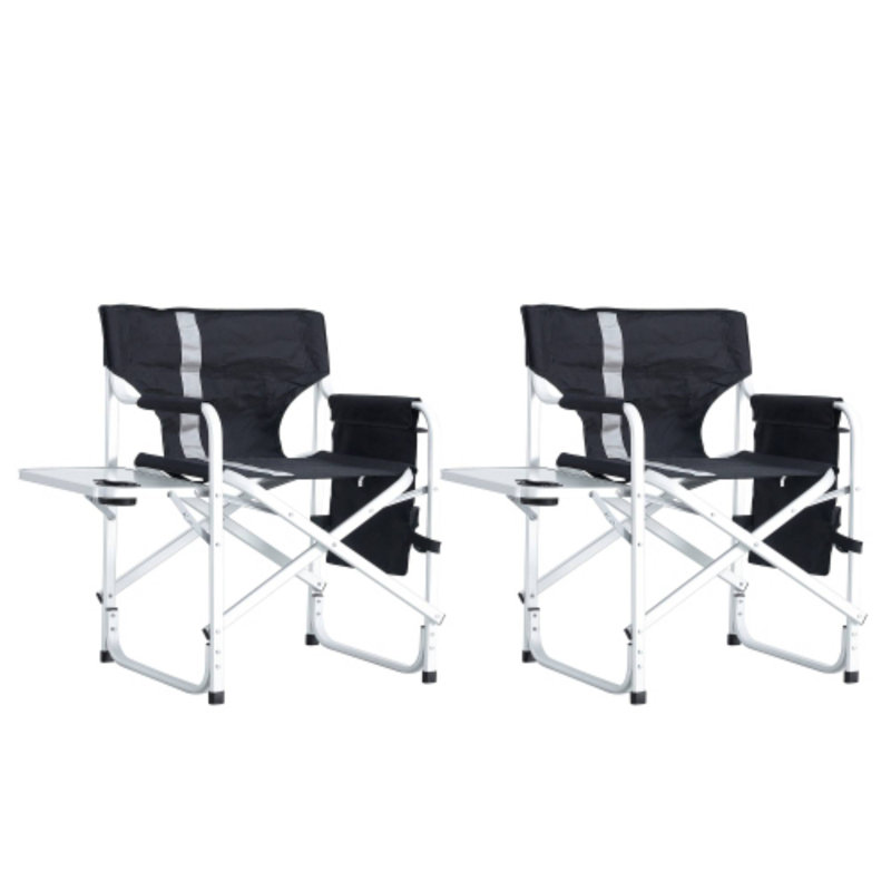 Ensemble de 2 chaises de réalisateur pliantes surdimensionnées et légères et rembourrées - Livré avec une table d'appoint et des poches de rangement, adapté pour l'intérieur / extérieur, le camping, les pique-niques et la pêche (noir / gris)