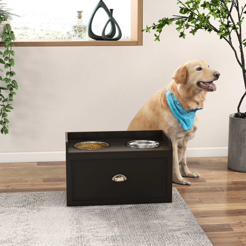 Station de ravitaillement pour chiens - 2 bols surélevés, grand rangement pour les aliments avec armoire à café pratique, tiroir pour rangement organisé