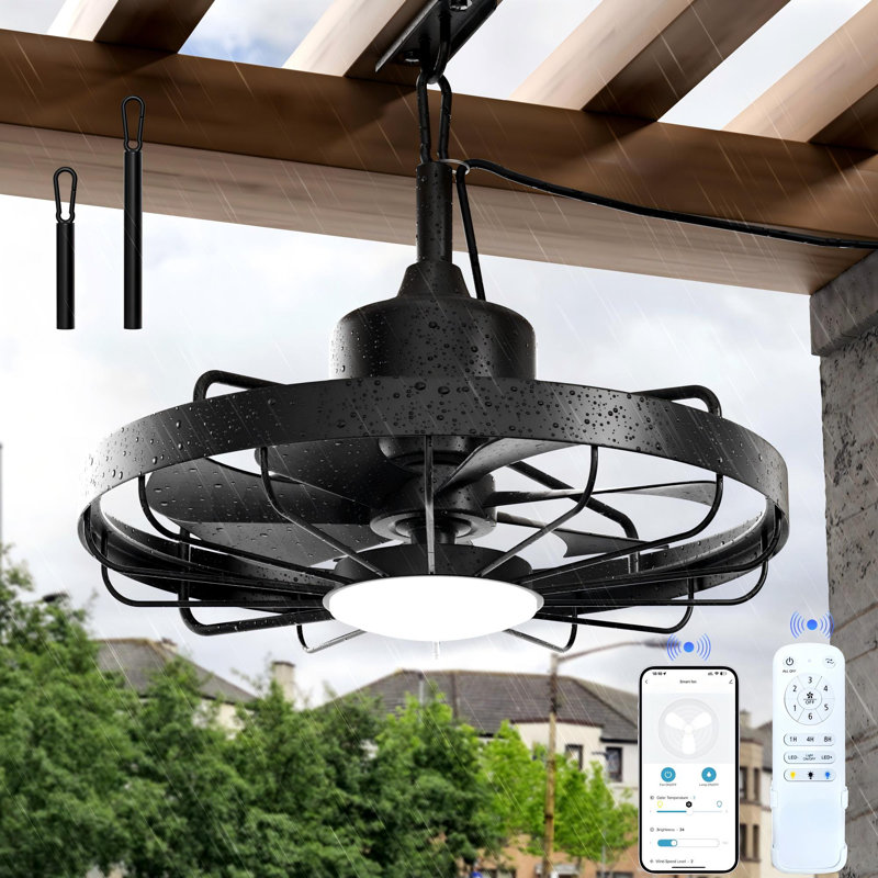 20’’ Outdoor Ceiling Fan With Light, Waterproof Smart Caged Ceiling Fan With Remote & App Control, 3cct Reversible Dimmable Led Hanging Fan With 7 Blades For Patio, Gazebo, Pergola, Porch