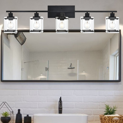 Modern Black Bathroom Vanity Light For Bathroom 5 Light Vanity Lighting Fixtures Over Mirror Wall Sconce With Square Glass Shades