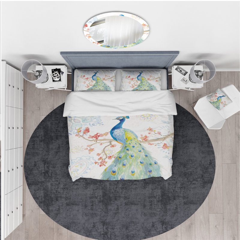 Ensemble de housse de couette en microfibre Peacocks Watercolor II, Housse de couette très grand + 2 taies décoratives