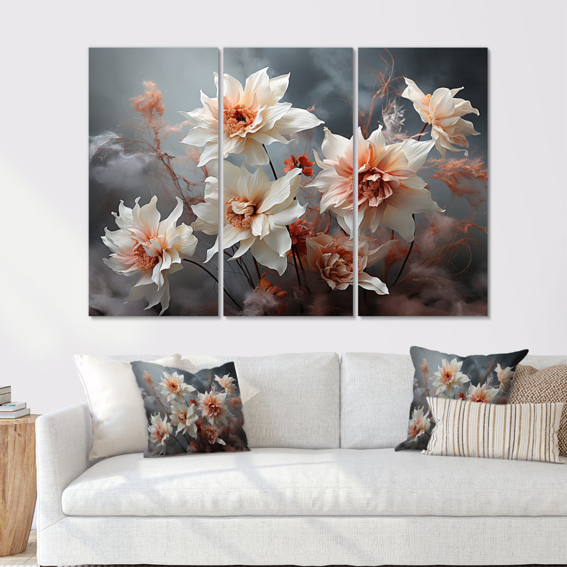 Rose et gris jonquilles tempête - ensemble de salon art mural jonquilles, H 32 po x l 48 po x P 1 po
