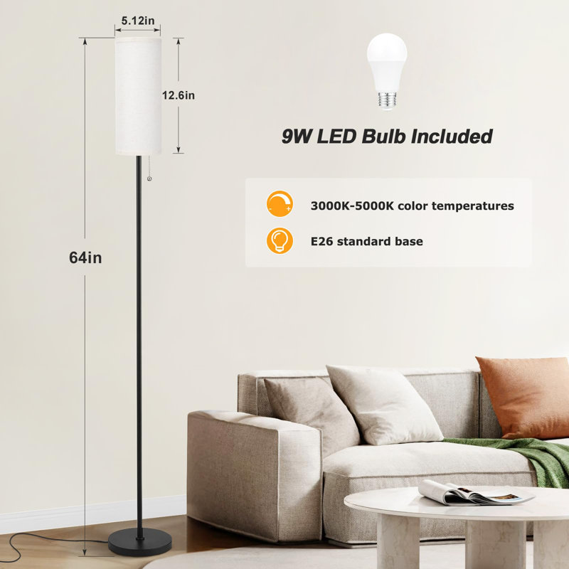 64" Standing Lamp With Linen Lampshade For Bedroom, Minimalist Pole Lamp, Beige, Black