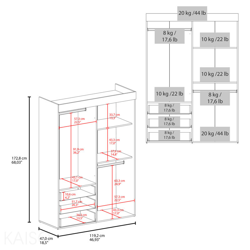 Armoire réglable, tringles, armoire à deux portes, trois tiroirs, deux tablettes blanches