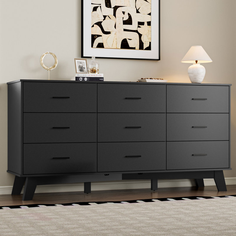 Commode 9 tiroirs large moderne avec base robuste en forme de X, Noir