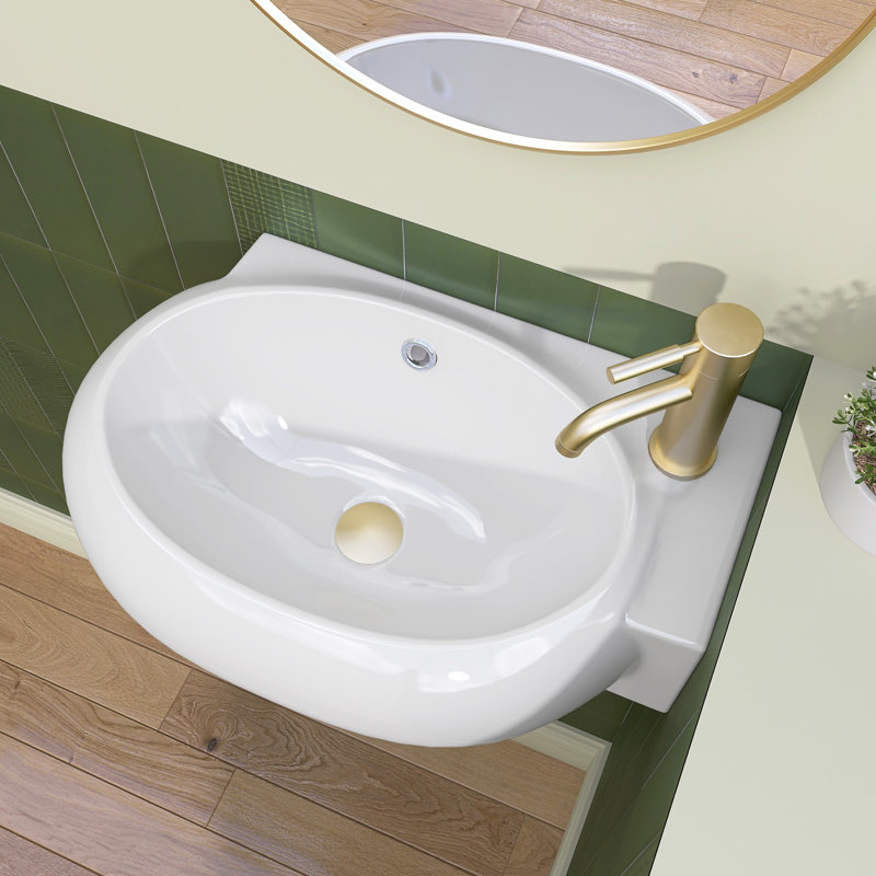 16,9 po X P 11 po P x H 5,9 po. Petit lavabo vasque mural ovale en céramique blanc avec trou pour robinet de droite