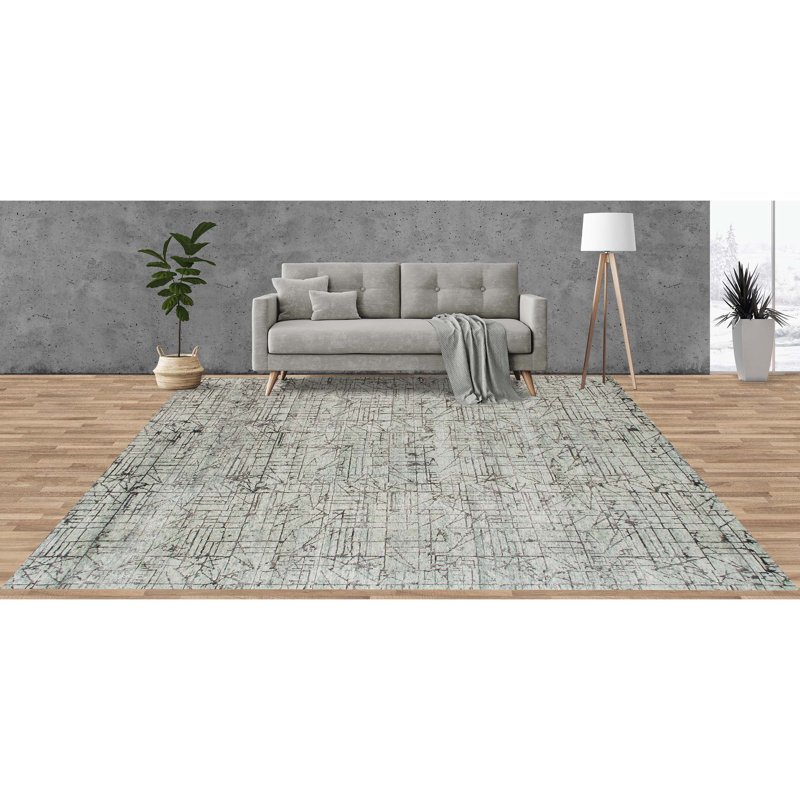 Tapis gris / naturel en laine / viscose noué à la main 9 pi x 12 pi, Rectangle 9 pi x 12 pi