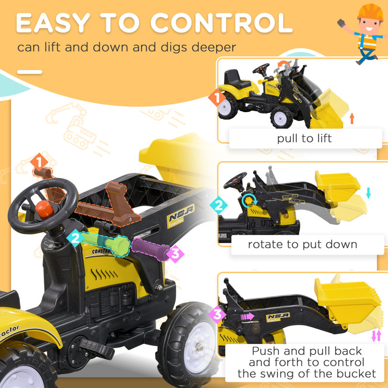 Kids Yellow Manual Pedal Ride-On Excavator with Front Loader