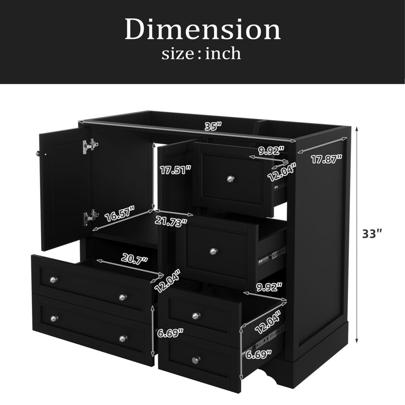 Meuble-lavabo de 36 po sans lavabo, meuble-lavabo autoportant en bois massif avec 4 tiroirs de rangement et une tablette, portes à fermeture en douceur (PAS D'ÉVIER)