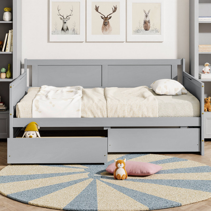 Lit de jour simple en bois de pin gris avec 2 tiroirs de rangement sous le lit | Canapé-lit pour petits espaces, Gris
