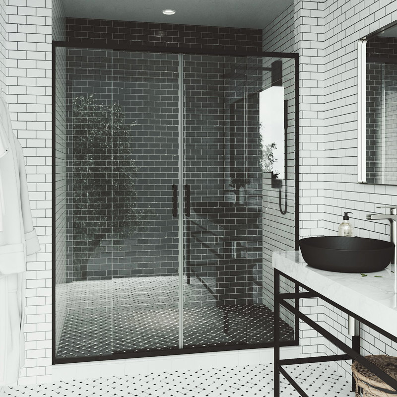 VIGO Paloma 56"–60" W x 74" H Semi-Frameless Double Sliding Shower Door in Matte Black with Clear Tempered Glass, Black