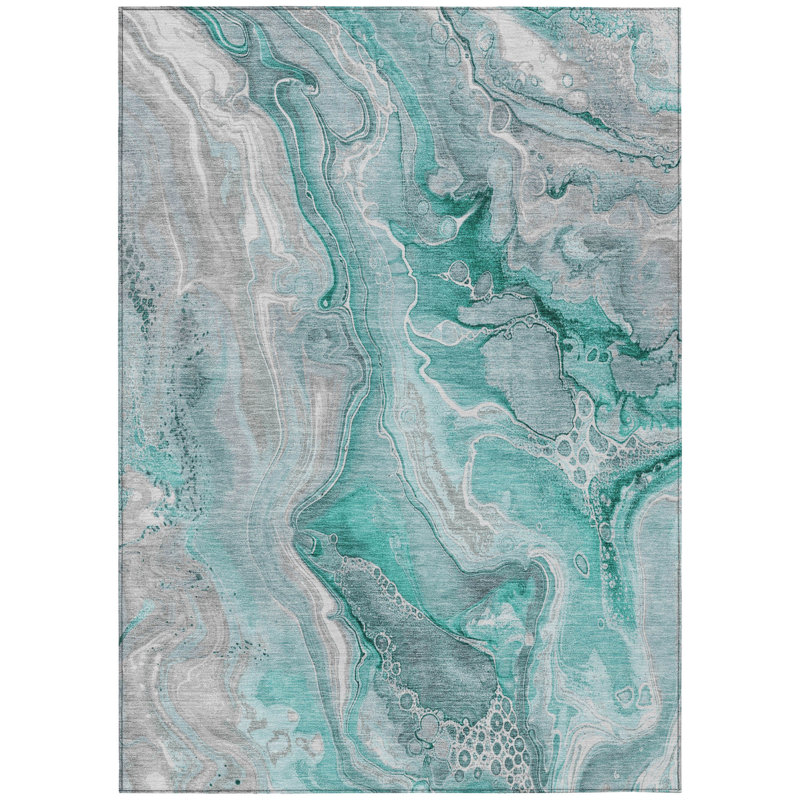 Tapis d'extérieur lavable abstrait bleu sarcelle et ivoire 10 pi x 14 pi