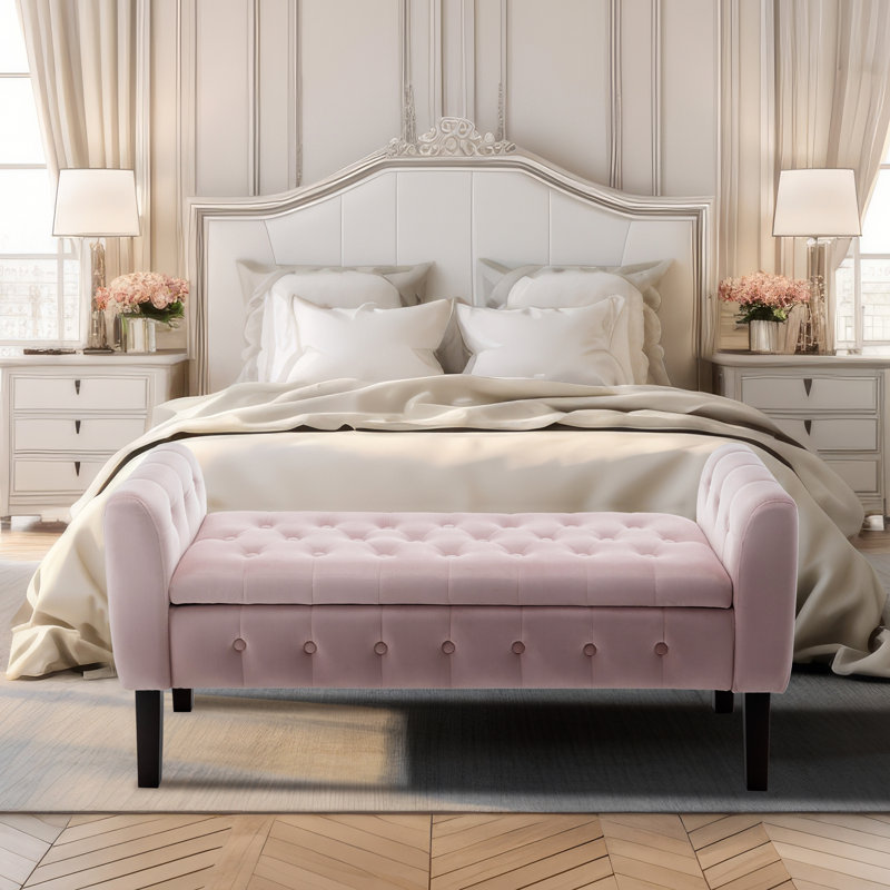 Granie Velvet Storage Bench with Wooden Legs, Pink