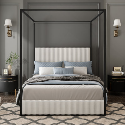 Modern Luxury Metal Canopy Bed With Tall Corduroy Upholstered Headboard And Four Poster, No Box Spring Needed, King, White