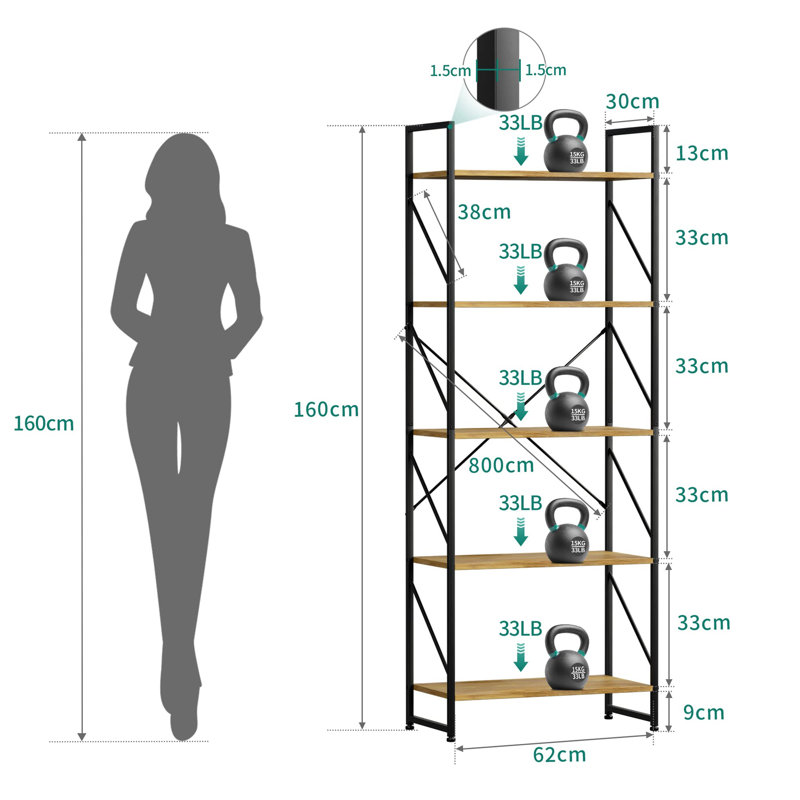 Rebeterano 160cm H x 62cm W Iron Etagere Bookcase, Oak/Black