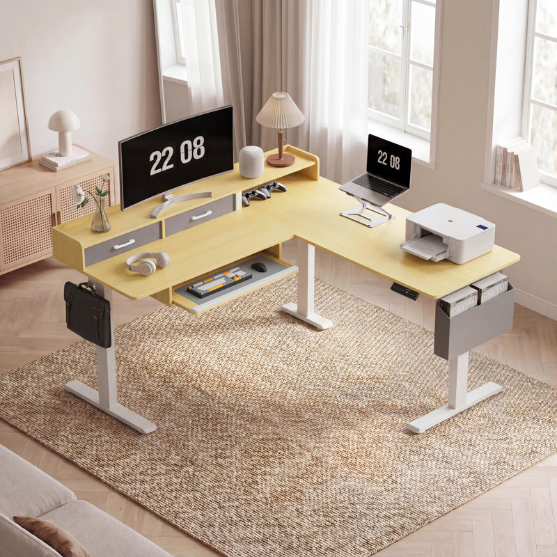 63" Height Adjustable L Shaped Standing Desk with 2 Drawers and Keyboard Tray, Electric Sit to Stand Home Office Comupter Table, Ergonomic Corner Gaming Desk, Oak