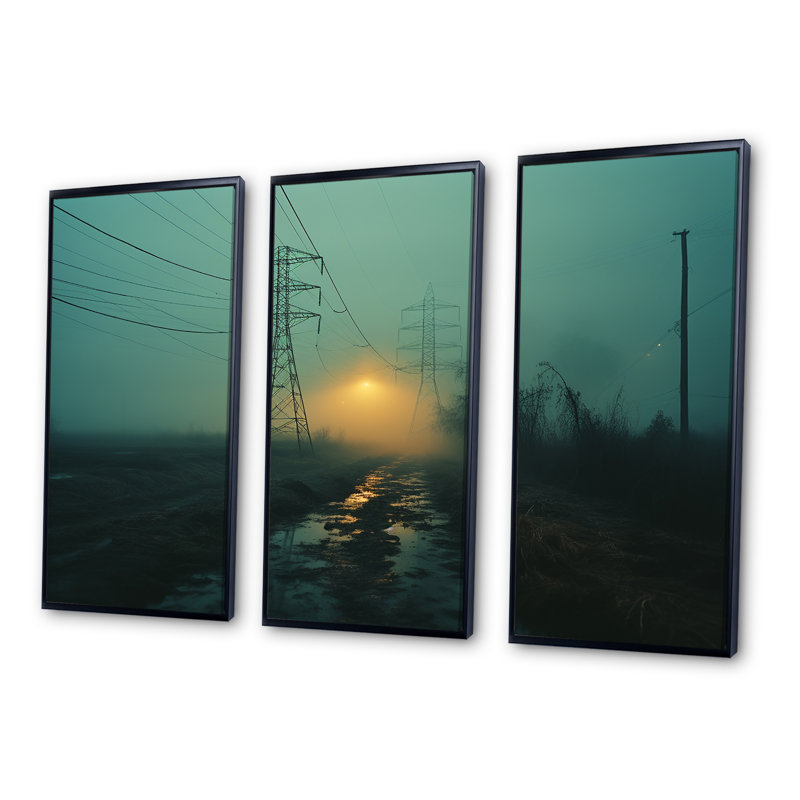 Teal Tangle Power Lines Mystery - Ensemble de salon mural Power Lines, H 28 po x l 36 po x P 1 po, Cadre flottant noir