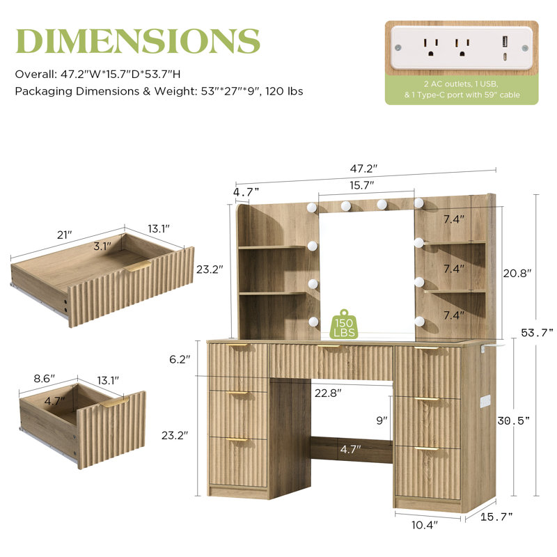 47.2" W Modern Large Vanity Desk With 7 Drawers, 4 Shelves, Led Lighted Mirror & Power Outlets, Natural, Natural