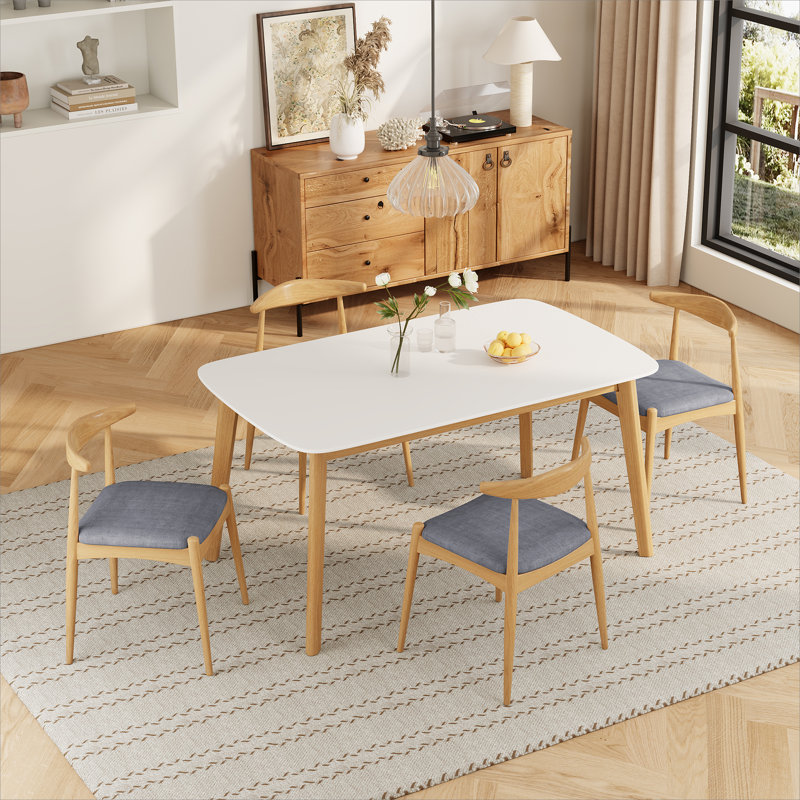 Ensemble de salle à manger 5 pièces Mid-Century Modern - Table avec cadre en bois massif et 4 chaises rembourrées, Gris