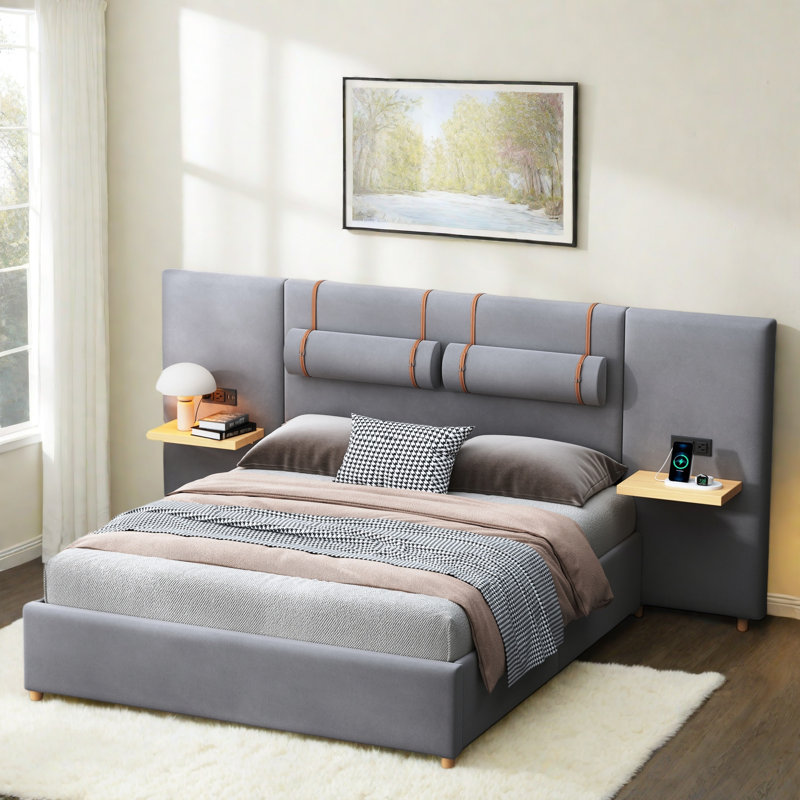 Lit plateforme tapissier avec deux coussins de chevet, tablettes de rangement, deux prises et port USB, Grand, gris