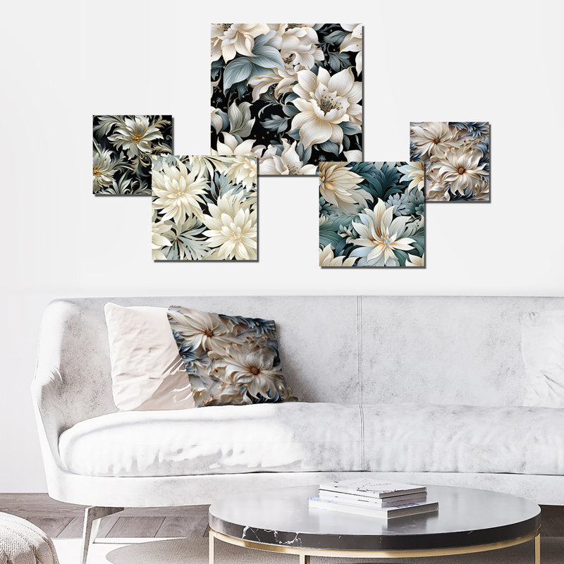 Matheo, motif de fleurs noires exotiques - ensemble d'art mural floral de 5