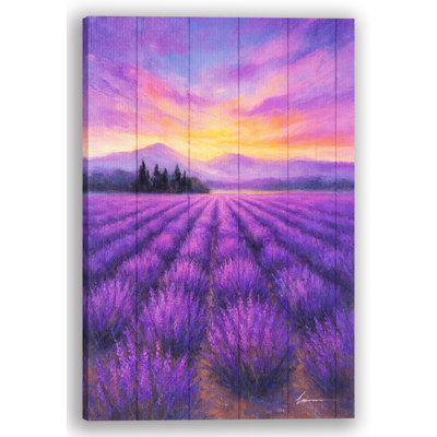 «Sunset Over Lavender Rows», art mural sur toile rustique