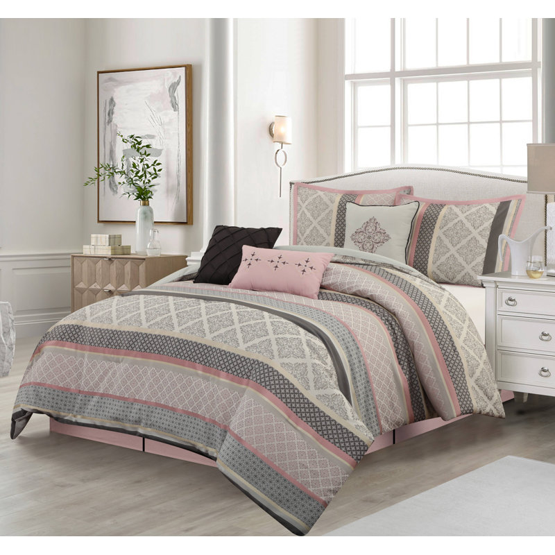 Ensemble d'édredon en microfibre 7 pièces Tefia Karr, Édredon très grand californien + 6 pièces suppl, Rosé